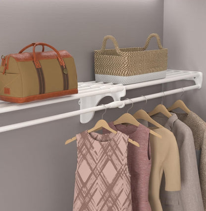 EZ SHELF- Closet Shelf with Hanging Rod, Expands 40.5-73", White, Closet Shelves Hold 200 lbs, Easy Install Closet Organizer to 2 Side Walls, Alternate for Closet Wire Shelving & Laundry Room Shelves