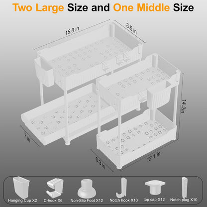 Sevenblue 3-Pack 2-Tier Under Sink Organizers with Sliding Drawers | Multi-use kitchen & bathroom storage, 12.8 inch black cabinet organizer, space-saving sliding drawer design.