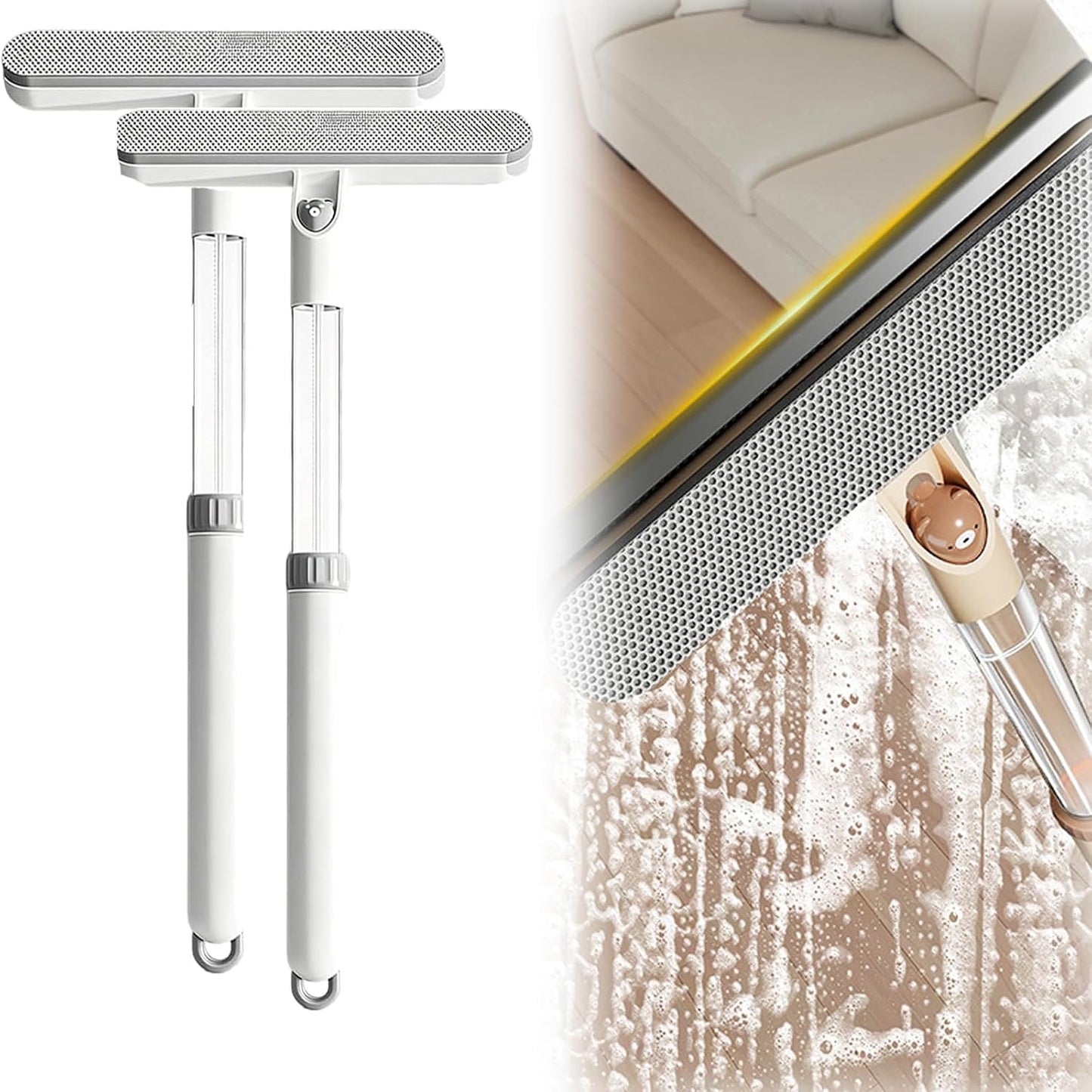5-in-1 Double-Sided Window Screen Cleaning Brush， Multi-Purpose Cleaning Brush，with Retractable Handle and Built-in Crevice Brush, Dry and Wet Use， for Home, Office & Porch Screens (Khaki)