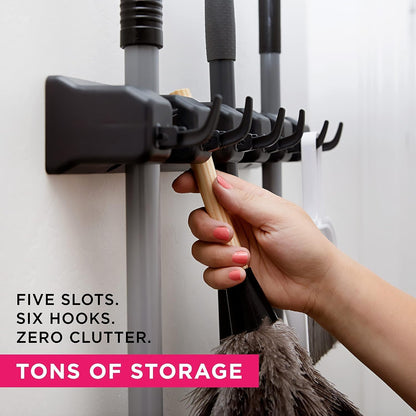 Broom Holder Wall Mount, Mop and Broom Organizer – Wall Mounted Broom Rack & Mop Rack, Rack for Brooms and Mops | Broom Hanger Wall Mount with 5 Slots & 6 Hooks, Kitchen Garage Laundry Garden