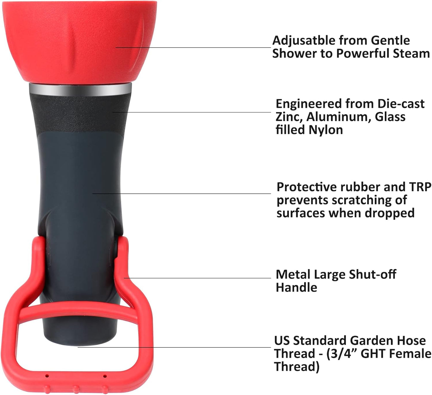 STYDDI Industrial Fireman's Garden Hose Nozzle High Flow, Professional High Volume Classic Fireman Style Spray Nozzle, Heavy Duty Adjustable Twist Hose Nozzle with Large Shut-off Handle, 250 PSI