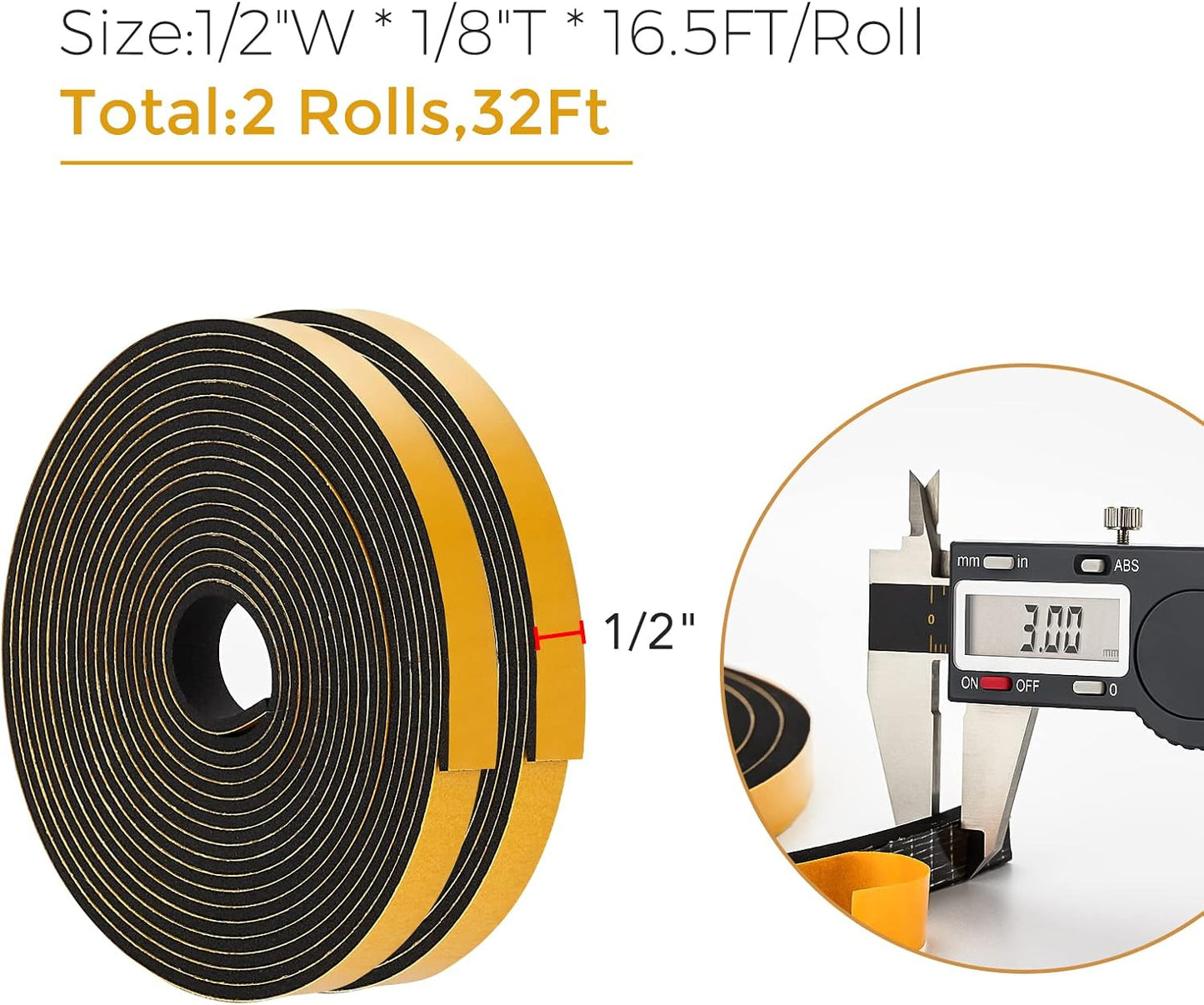 33 Feet Weather Stripping Door Seal- 1/2" Wide X 1/4" Thick Door Bottom Seal Strip High Density Foam Tape Adhesive Rubber Strip for Door Soundproofing,Window Insulation (1/2" x 1/4" x 33FT,Black)