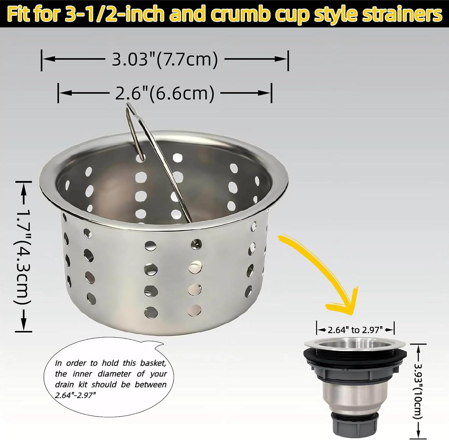 Kitchen Sink Drain Assembly Kit, 3-1/2 Inch Brushed 304 Stainless Steel Basket Strainer with Deep Removable Basket, Stopper & Cover Lid, Fits Standard Kitchen Sinks