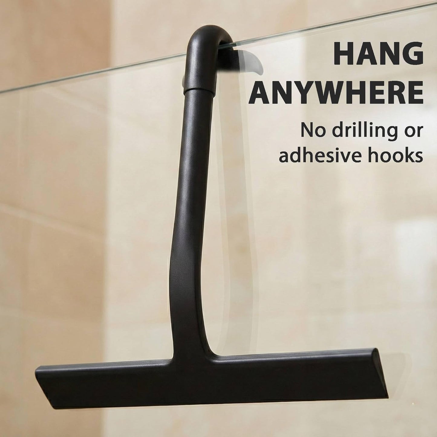 Shower Squeegee for Glass Doors, Hang Anywhere Silicone Shower Squeegee with Hook Design for Easy Hanging and Cleaning (Black)