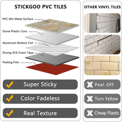 STICKGOO 20 Sheets Peel and Stick Backsplash Tile, Stick on Backsplash for Kitchen and Bathroom, White Sandstone Look PVC Mixed Metal Gold Self Adhesive Wall Tiles
