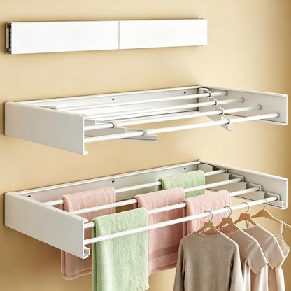 Wall Mounted Foldable Clothes Drying Rack, Collapsible Laundry Drying Clothes Rack, Space Saving Clothing & Towels Retractable Drying Rack with Wall Template Indoor & Outdoor Balcony (White,W23.6'')
