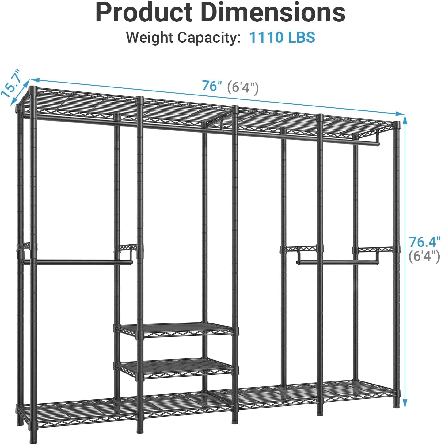 VIPEK V40 Heavy Duty Clothes Rack, 1110lbs Capacity Sturdy Metal Garment Rack, Clothing Rack with 6 Shelves & 4 Hang Rods, Adjustable Open Wardrobe Closet Organizer for Bedroom/Apartment/Retail, Black
