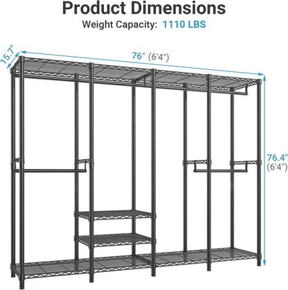 VIPEK V40 Heavy Duty Clothes Rack, 1110lbs Capacity Sturdy Metal Garment Rack, Clothing Rack with 6 Shelves & 4 Hang Rods, Adjustable Open Wardrobe Closet Organizer for Bedroom/Apartment/Retail, Black