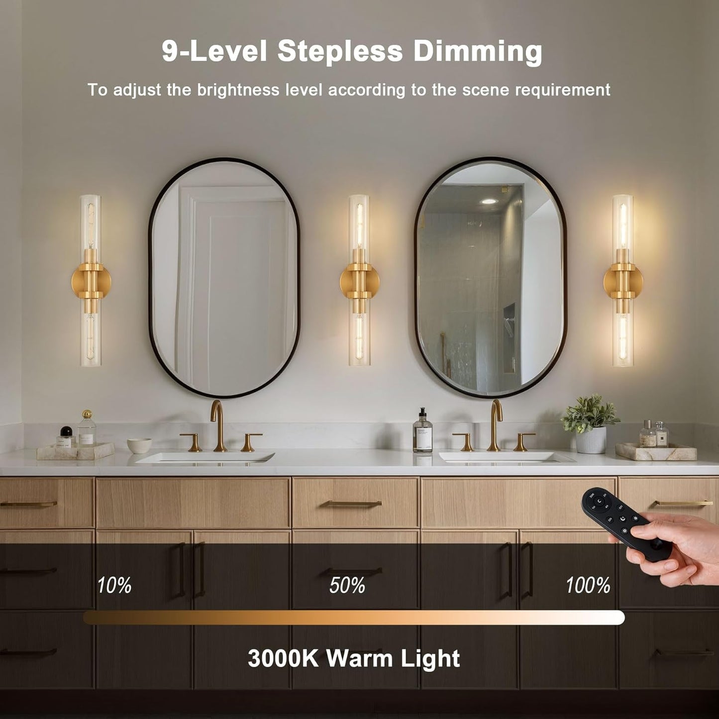 SANTOSTOCK Gold Battery Operated Wall Sconce Set of 2, 12000mAh Rechargeable Wall Lights with Remote Control, Wireless Dimmable Wall Lamps for Bedroom Living Room Bathroom Hallway Stairwell