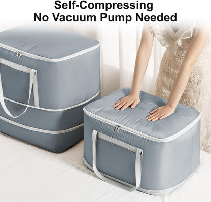 Comforter Storage Bag - 130L Large Capacity Blanket Storage Bags 4-Layer Ultra Space Saving Self Compression Organizer, Washable Compression Bags for Storage Comforter Blanket, 2-Pack, Beige
