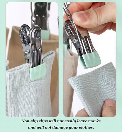 Stainless Steel Clothes Sock Drying Rack with 24 Clips, Swivel Hook Windproof Clothes Hanger Rack for Sock, Bras, Towel, Underwear, Laundry Clothes, Hat, Scarf, Pants, Gloves (Pink Clips)