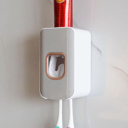2 Slot Toothbrush Holder and Toothpaste Dispenser Wall Mounted, Automatic Toothpaste Squeezer, 2 in 1 Tooth Brush Toothpaste Organizer for Shower (Grey)