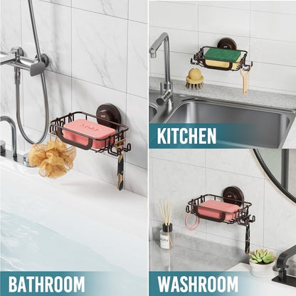 TAILI Soap Holder for Shower – Suction Cup Bar Soap Dish with Hooks, Rustproof Stainless Steel, Self-Draining Sponge Holder with Razor Holder for Bathroom & Kitchen, Black