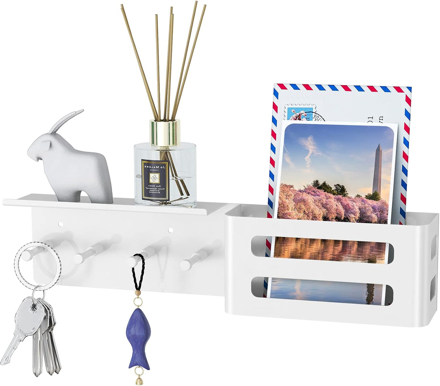 MKO Key Holder Wall Mount, Key Holder Wall Mount Adhesive with Mail Organizer Tray with 6 Key Hooks for Wall, Black