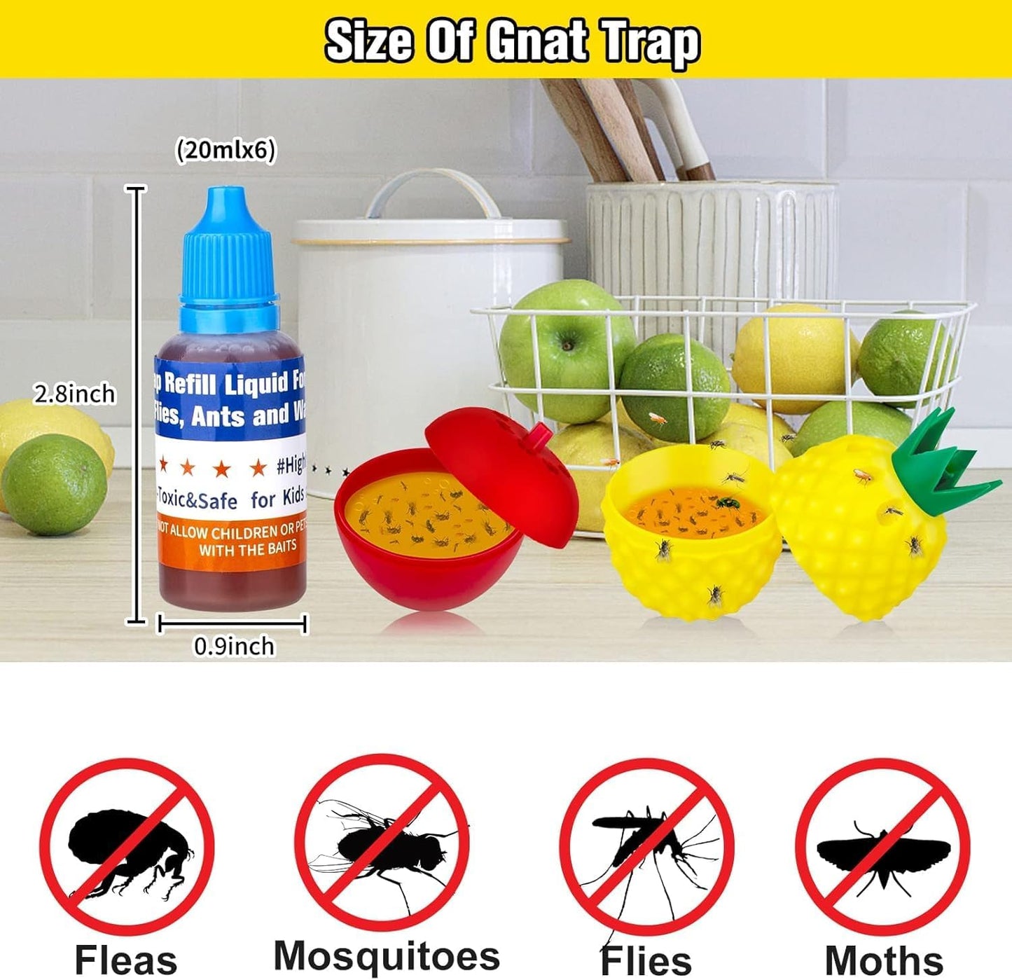 Fruit Fly Trap Refill Liquid only, Fruit Fly Catcher Bait & Gnat Killer Refill, Ready-to-Use Fruit Scented Ants Attractant for Kitchen Bathroom Living Room Use, Safe Near Food (6 Pack)