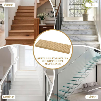 DEXDE Bullnose Stair Treads for Wooden Steps Non-Slip Stair Runner, 14 Pcs | Reusable bullnose carpet Stair Treads Indoor, Peel and Stick Stair Rugs with Edge Protection, Soft Washable, 30"x9.5" Grey