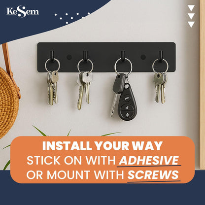 KESEM Key Holder Wall Mount, Key Rack with 4 Hooks for Wall/Door Mounted Metal Keys Rail Hanger, 2 Installation Options Self Adhesive or Screws, Black