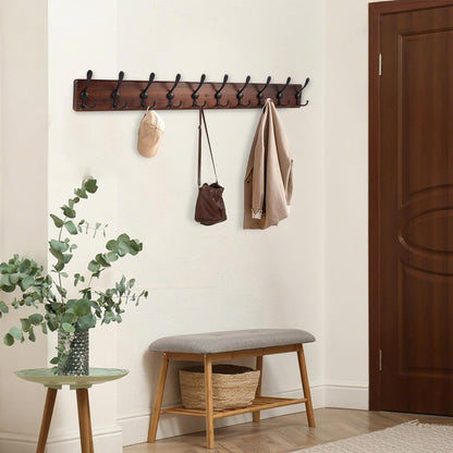 Kuhome 2pcs Coat Rack Wall Mount Wooden Hat Rack for Wall Hooks Pine Real Wood Plank 16.9" Brown Coat Hanger with 5 Triple Hooks for Hanging Coat Hat Jacket