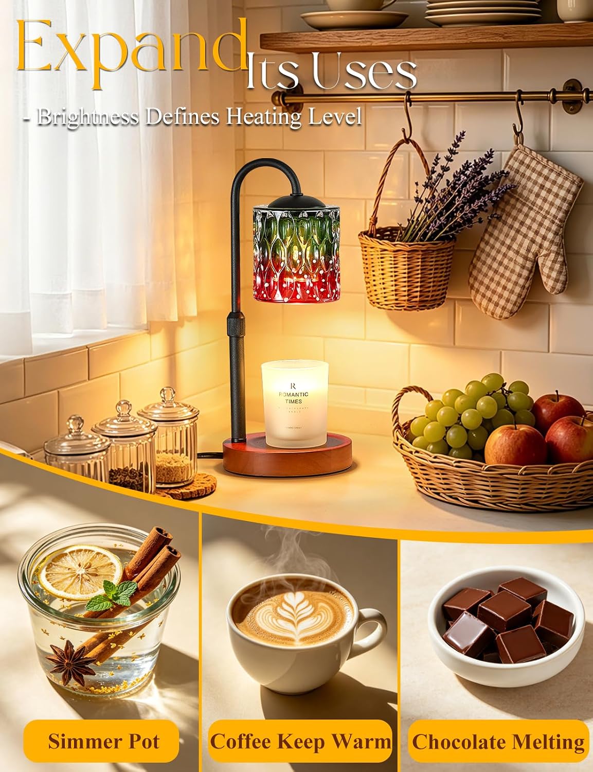 Briever Dimmable Candle Warmer Lamp with Timer, Height Adjustable Electric Candle Wax Warmer, Christmas Birthday Gifts for Women Mom, House Warming Gifts New Home Room Decor, Walnut Solid Wood Base