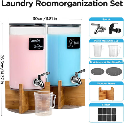 Glass Laundry Detergent Dispenser with Holder,1.1 Gallon Laundry Liquid Dispensers with Stainless-Steel Tap,Large Glass Fabric Softener Containers with Stand for Laundry Room Organization