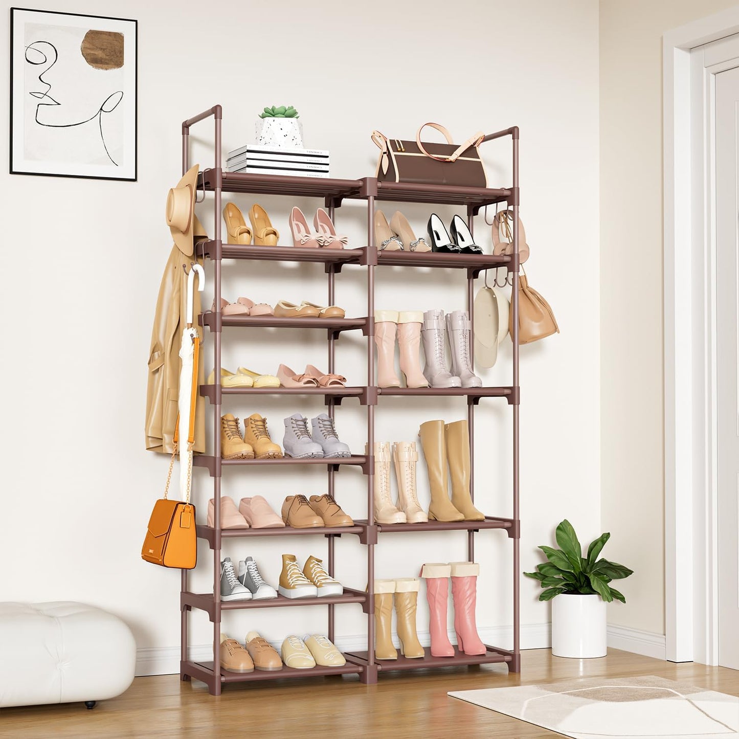 ROJASOP Shoe Rack Organizer, 8-Tier Metal Shoe Rack for Closet Entryway Garage, 26-32 Pairs Tall Shoe Boot Storage Shelf with 15 Hooks, Stackable Large Shoe Stand