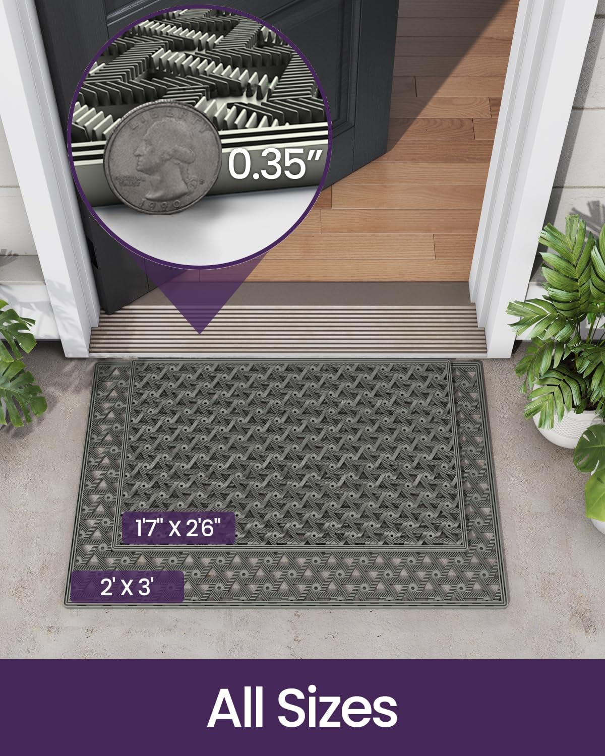 DEXI Front Door Mat Outside Entrance Rubber 19x30, Welcome Floor Doormat Heavy Duty Non Slip, Dirt Trapper Waterproof Exterior Entry Mats All Weather for Patio Entryway Drainage, Black