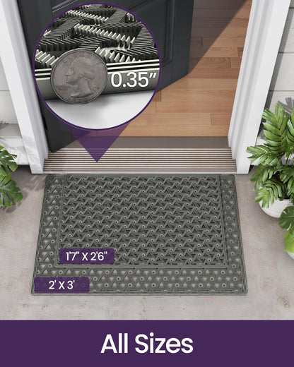 DEXI Front Door Mat Outside Entrance Rubber 19x30, Welcome Floor Doormat Heavy Duty Non Slip, Dirt Trapper Waterproof Exterior Entry Mats All Weather for Patio Entryway Drainage, Black
