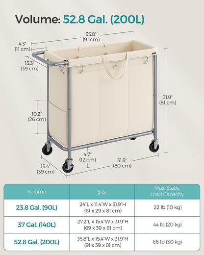 SONGMICS Laundry Basket with Wheels, 3-Section Rolling Laundry Hamper, 52.8 Gallons (200 L), Removable Liner, Steel Frame with Handle, 35.8 x 15.4 x 31.9 Inches, Cream White URLS005W01