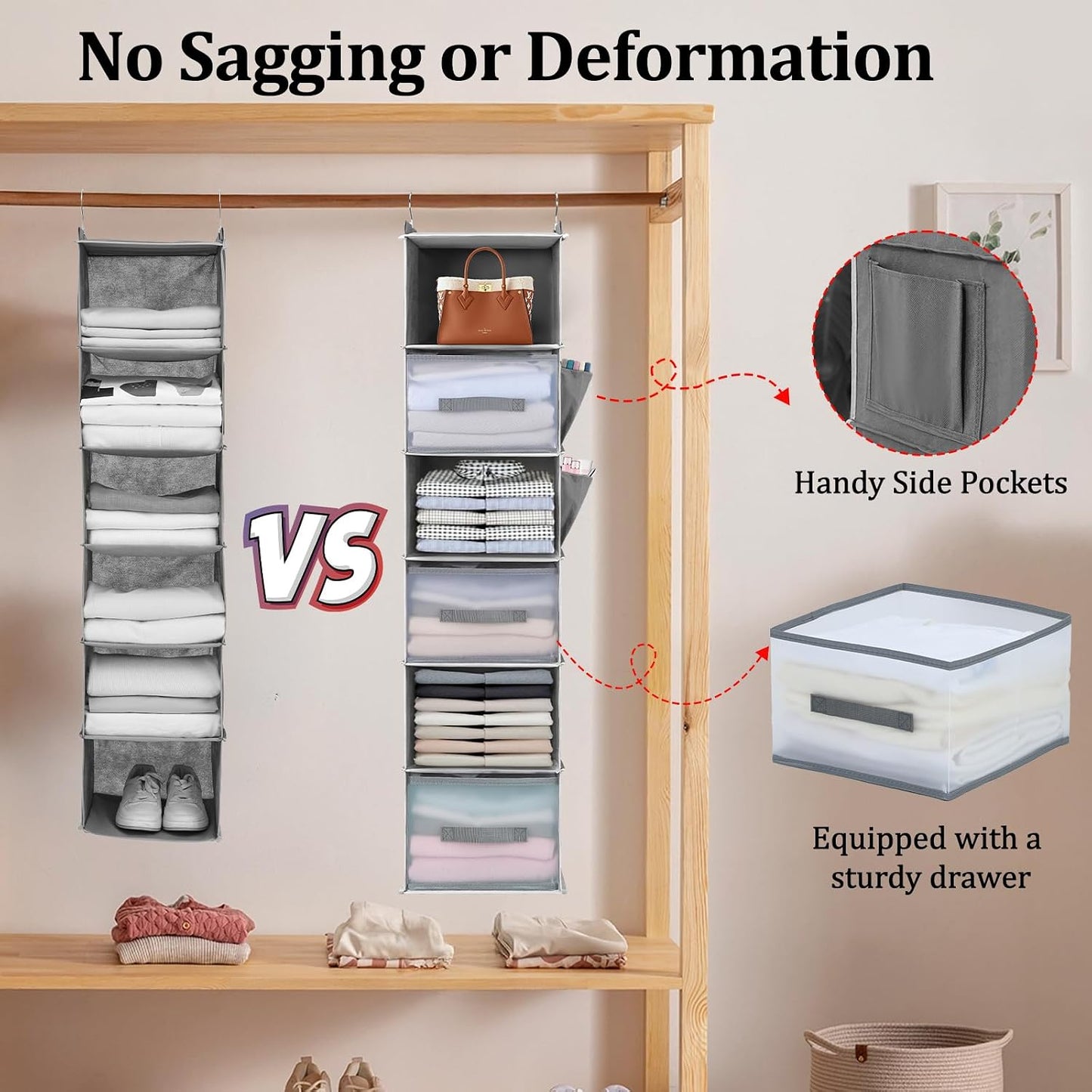 6-Shelf Hanging Closet Organizer with 3 Drawers & Side Pockets, Gray | Non-woven fabric, tool-free setup, ideal for bedrooms/dorms/RVs, 3 foldable transparent drawers for easy access