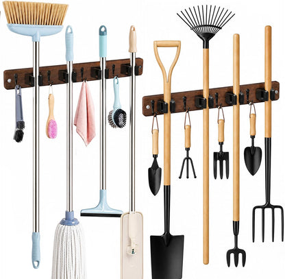 AceMining Broom Holder Wall Mounted, White 4 Holders and 4 Hooks Mop Holder, Wooden Mop and Broom Holder with Anti slip rubber, Natural pine wood Brush Holder, Mop Wall Holde with Nail installation