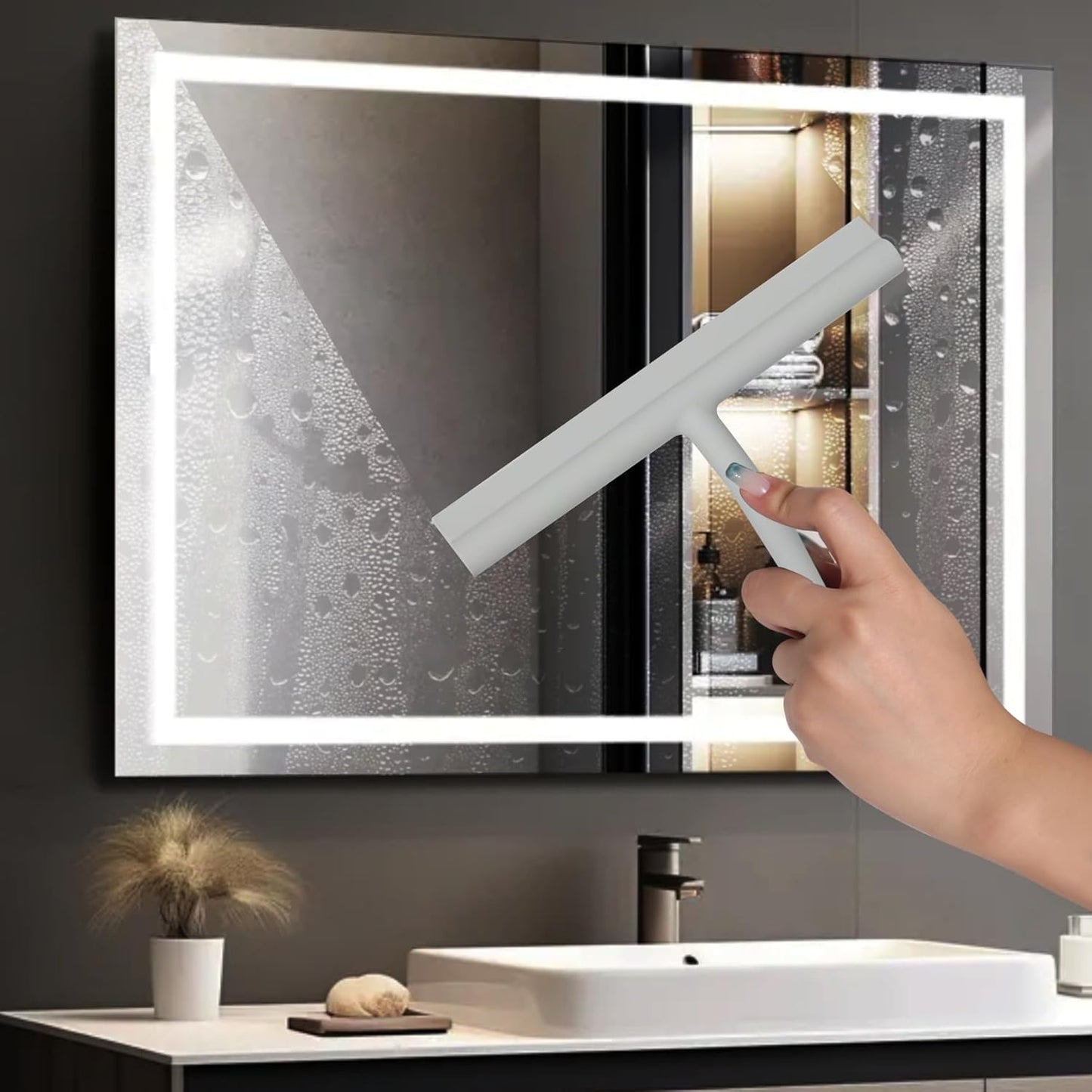 Squeegee for Shower Glass Doors, Resilient Loop - No-Drill & Adhesive Hook, Silicone Shower Squeegee with Stainless Steel Core, Cleaning Tool for Home, Kitchen, Bathroom & Car - Black