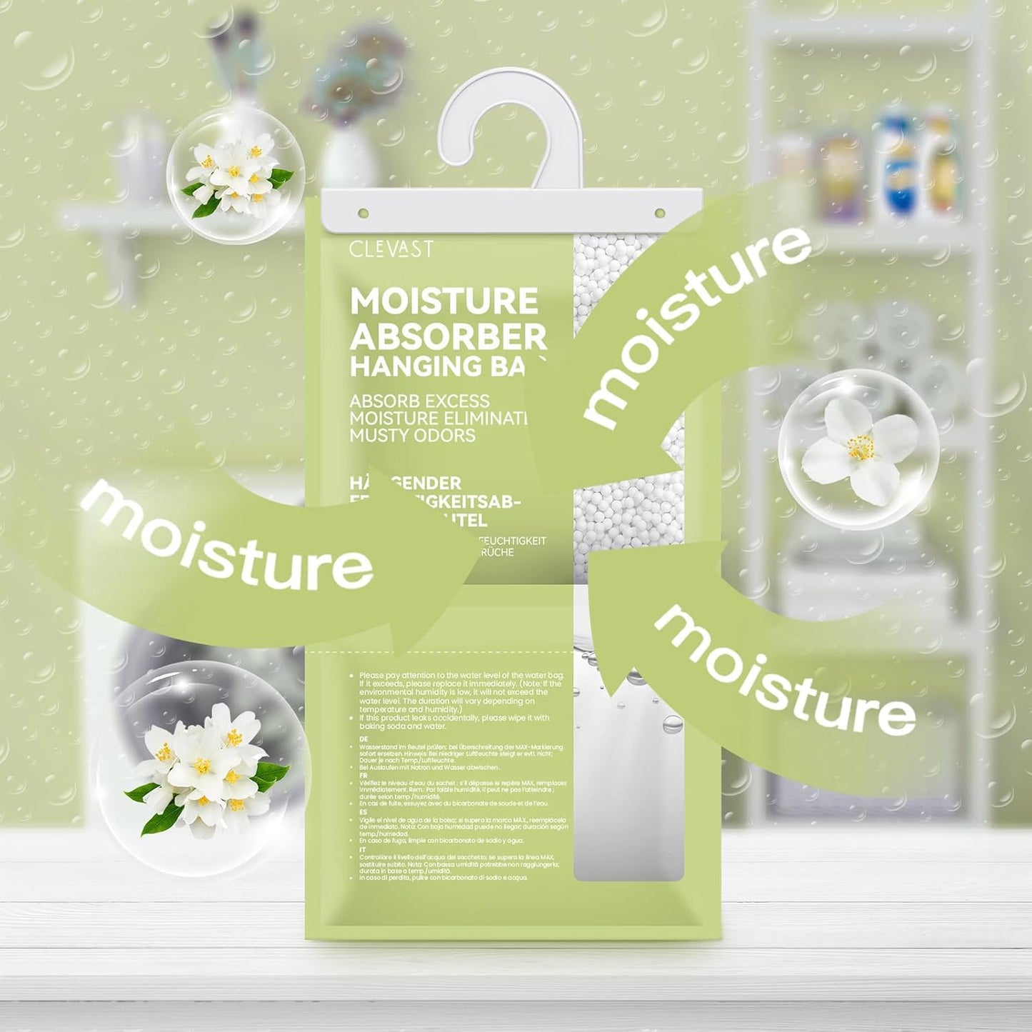 CLEVAST Moisture Absorbers Packets 10 Pack, Dehumidifier Bags for Closet, Scented Hanging Humidity Absorber in Wardrobes, Bedrooms, Bathrooms (Jasmine)