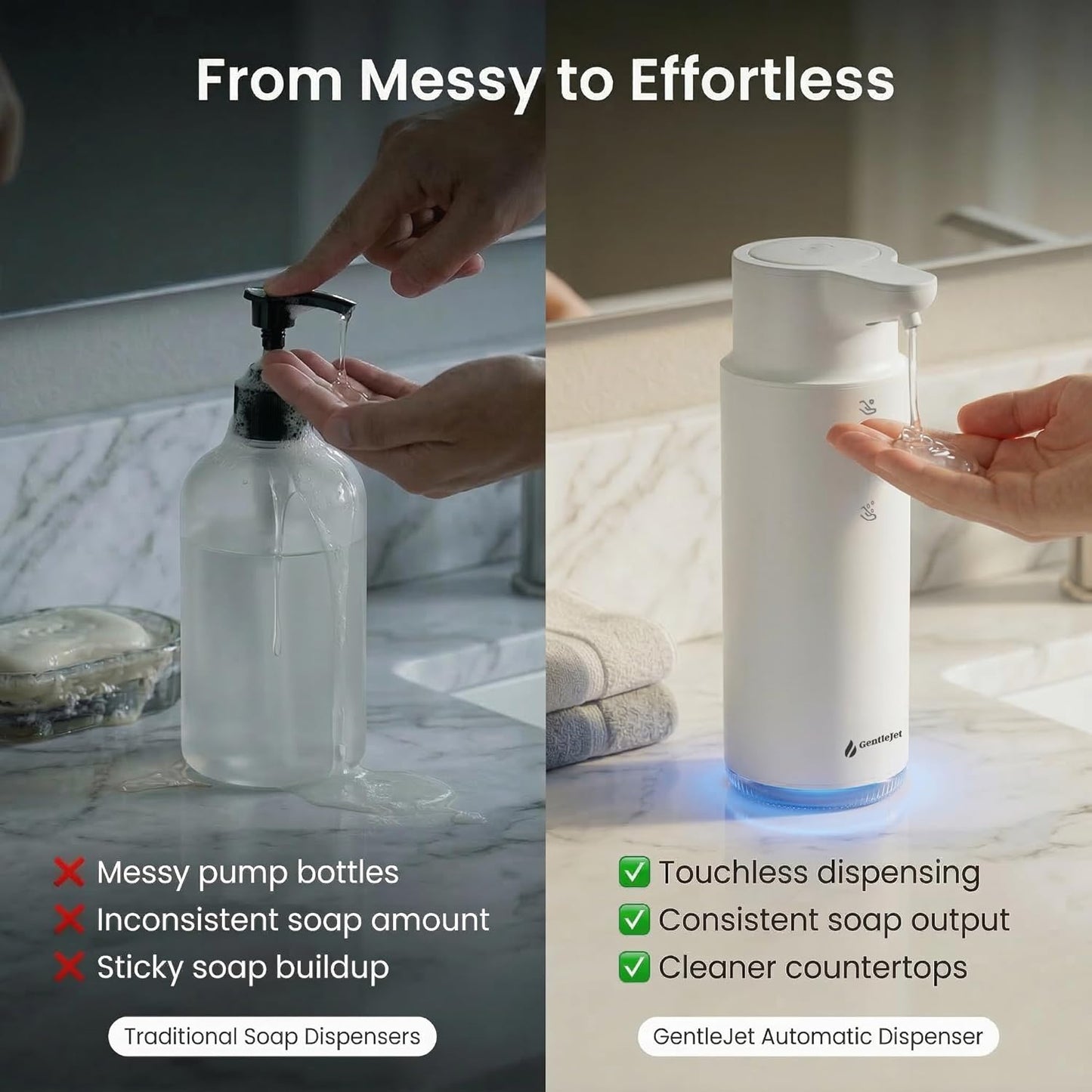 GentleJet CrystalJet Automatic Liquid Soap Dispenser – Touchless Sensor, Stainless Steel, USB-C Rechargeable, Waterproof Kitchen & Bathroom Countertop Soap Dispenser, 300 ml