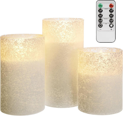 Blue Flameless Candles with Remote, Real Wax Glass Battery Operated Candles with Timer, LED Pillar Candle for Bedroom Home Wedding Birthday Party Fall Halloween Christmas Decorations, Set of 3