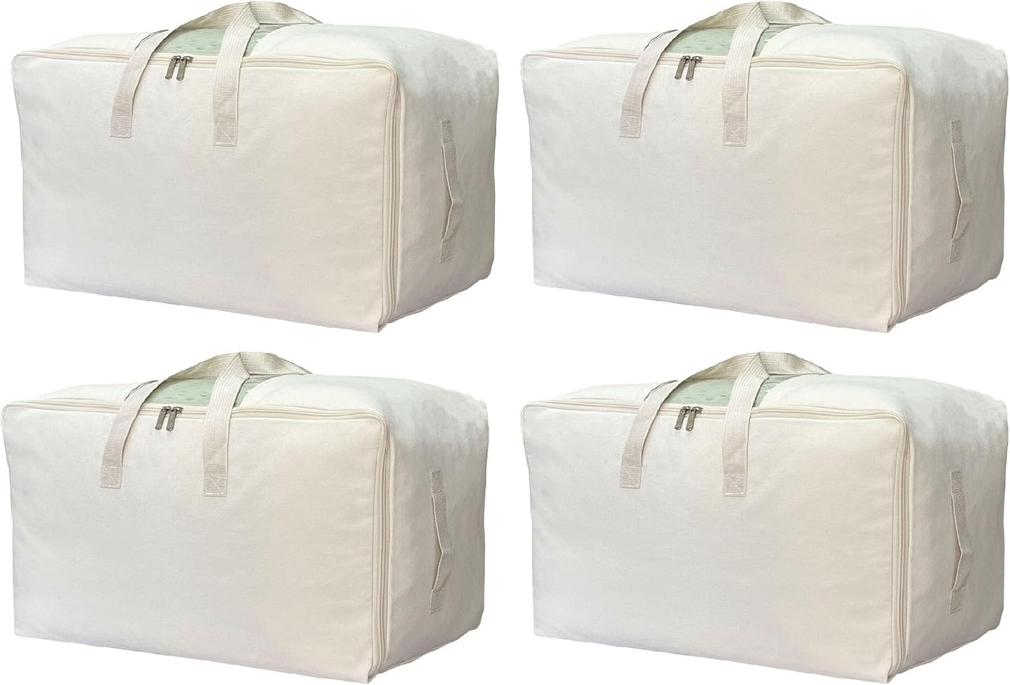 DoYiKe Soft Large Canvas Storage Bags with Zipper and Clear Window, Cotton Linen Storage Organizer for Pillows, Quilt, Blankets and Comforter, 80L, 4 Pack, Beige