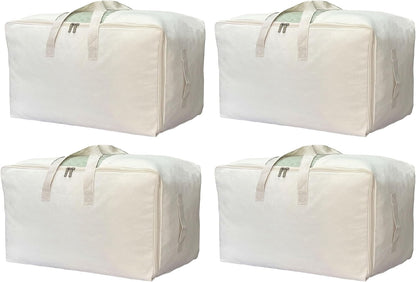 DoYiKe Soft Large Canvas Storage Bags with Zipper and Clear Window, Cotton Linen Storage Organizer for Pillows, Quilt, Blankets and Comforter, 80L, 4 Pack, Beige