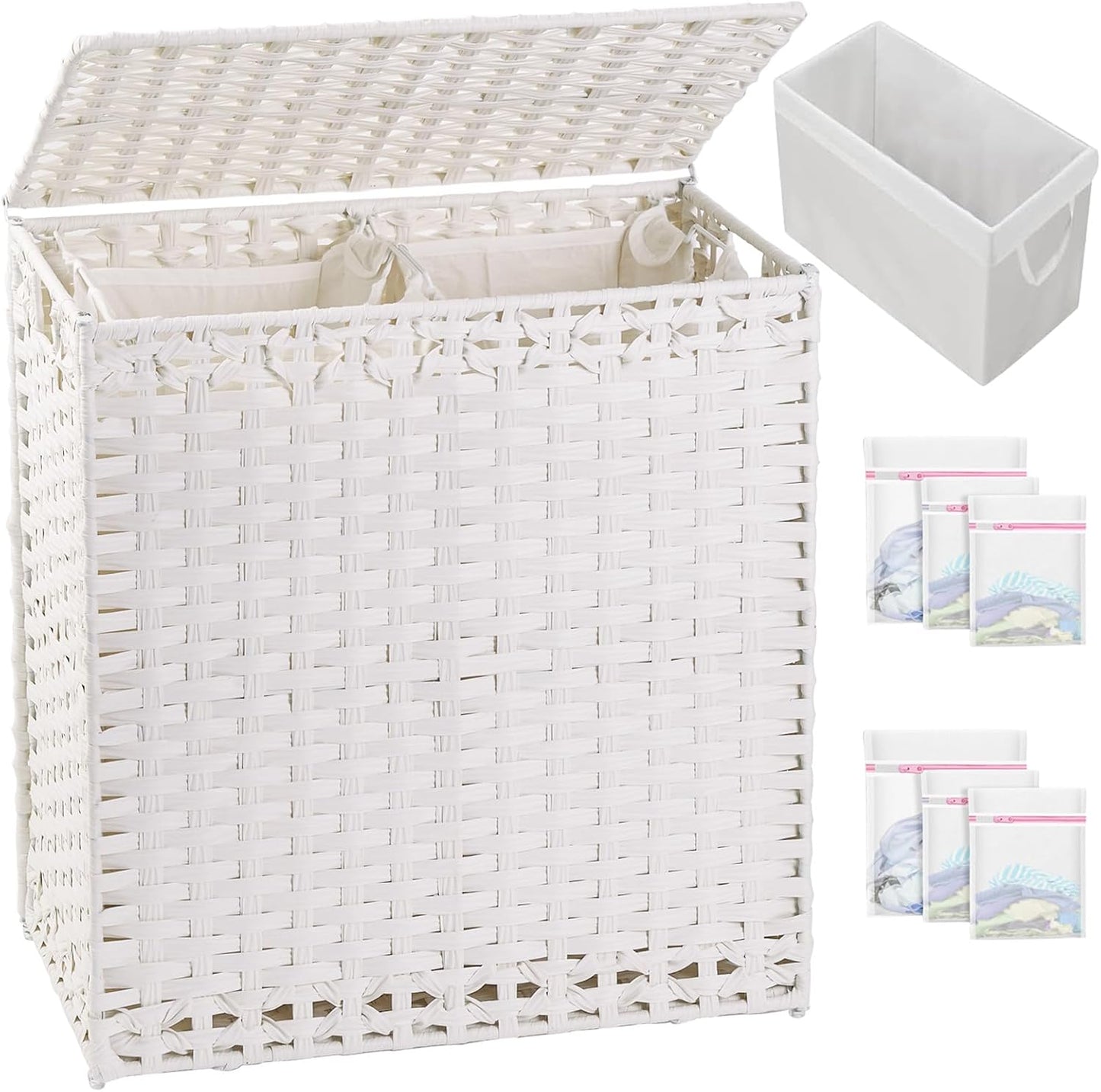 SETVSON Laundry Hamper with Lid Laundry Basket 132 L (35 Gal) Wicker Clothes Hamper, Handwoven Rattan Hamper with Handles and 4 Removable Liner Bags, 6 Mesh Bags for Laundry Bedroom Natural