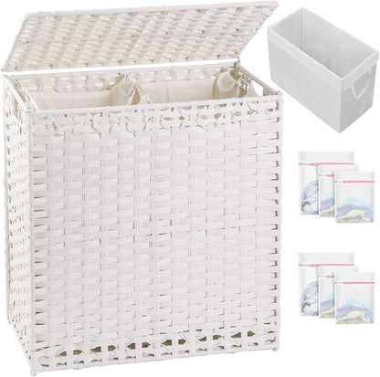 SETVSON Laundry Hamper with Lid Laundry Basket 132 L (35 Gal) Wicker Clothes Hamper, Handwoven Rattan Hamper with Handles and 4 Removable Liner Bags, 6 Mesh Bags for Laundry Bedroom Natural