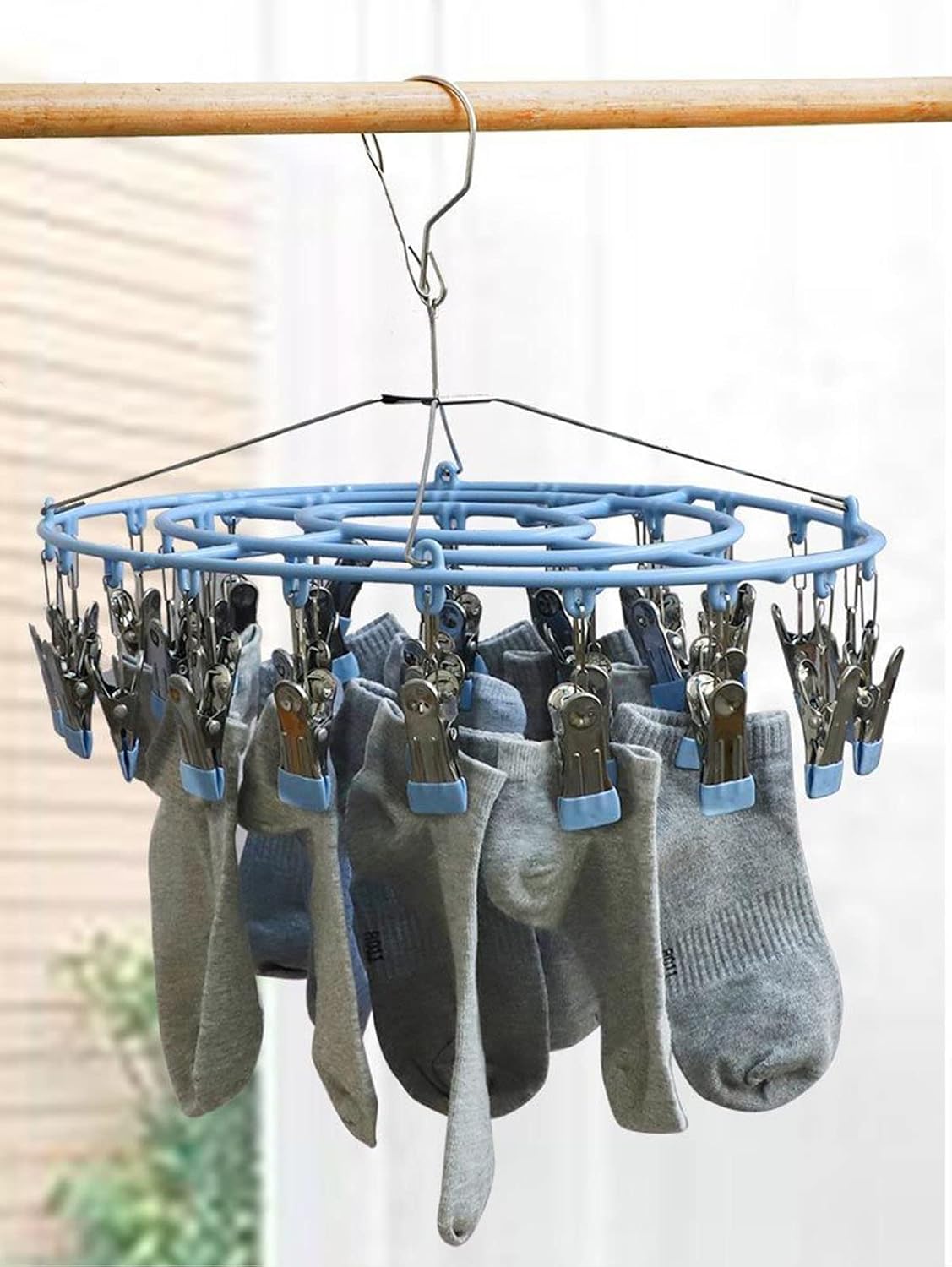 Stainless Steel Clothes Sock Drying Rack with 24 Clips, Swivel Hook Windproof Clothes Hanger Rack for Sock, Bras, Towel, Underwear, Laundry Clothes, Hat, Scarf, Pants, Gloves (Pink Clips)