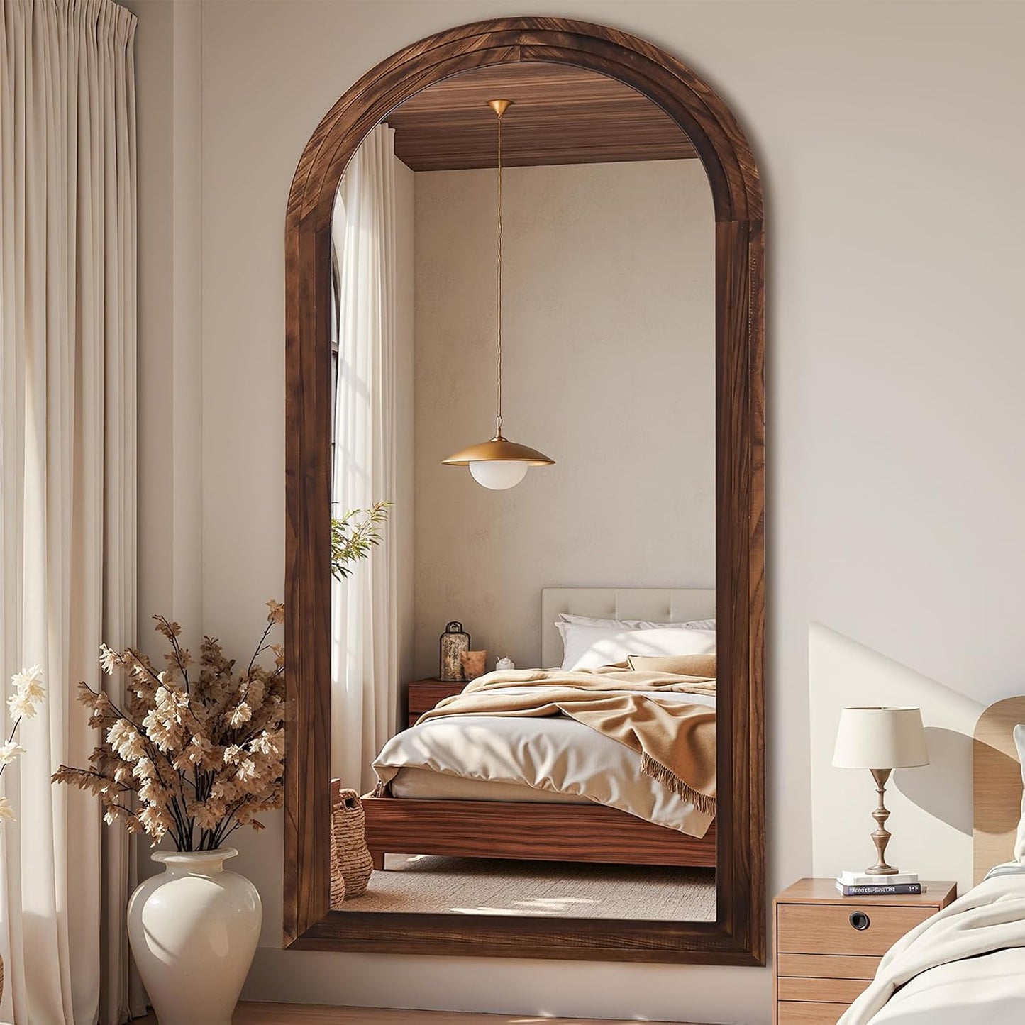 Antok Full Length Mirror with Solid Wood Frame, 71"×32" Wall Mounted Oversized Floor Mirror with Stand, Leaning Standing Hanging for Bedroom Living Room Entryway, Walnut, Arched Syle