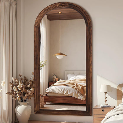Antok Full Length Mirror with Solid Wood Frame, 71"×32" Wall Mounted Oversized Floor Mirror with Stand, Leaning Standing Hanging for Bedroom Living Room Entryway, Walnut, Arched Syle