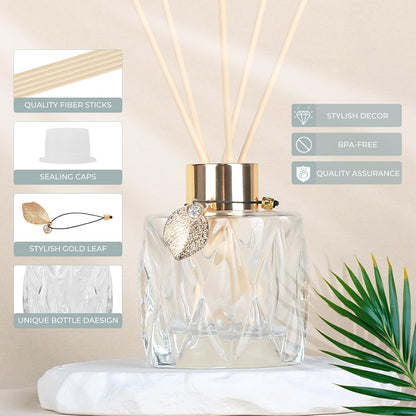 4-Piece Reed Diffuser Set with Metal Golden Decoration, 3.5-4.2oz Empty Bottles and 20 Reed Sticks, Unique Design for Home and Office (4 Different Bottles)