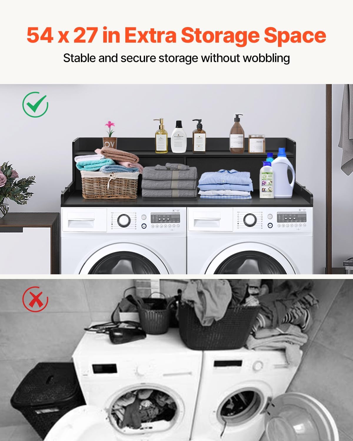 VEVOR Washer Dryer Countertop with 2-Tier Shelf, 54" x 27" Wooden Washer and Dryer Countertop with Anti-Slip Pads, Water-Resistant Laundry Topper Cover for Laundry Room Organization and Storage, Black
