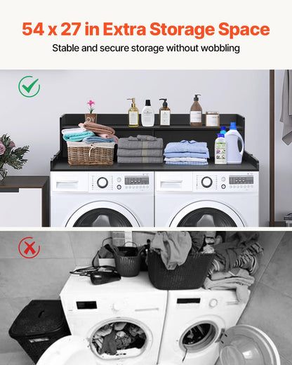 VEVOR Washer Dryer Countertop with 2-Tier Shelf, 54" x 27" Wooden Washer and Dryer Countertop with Anti-Slip Pads, Water-Resistant Laundry Topper Cover for Laundry Room Organization and Storage, Black