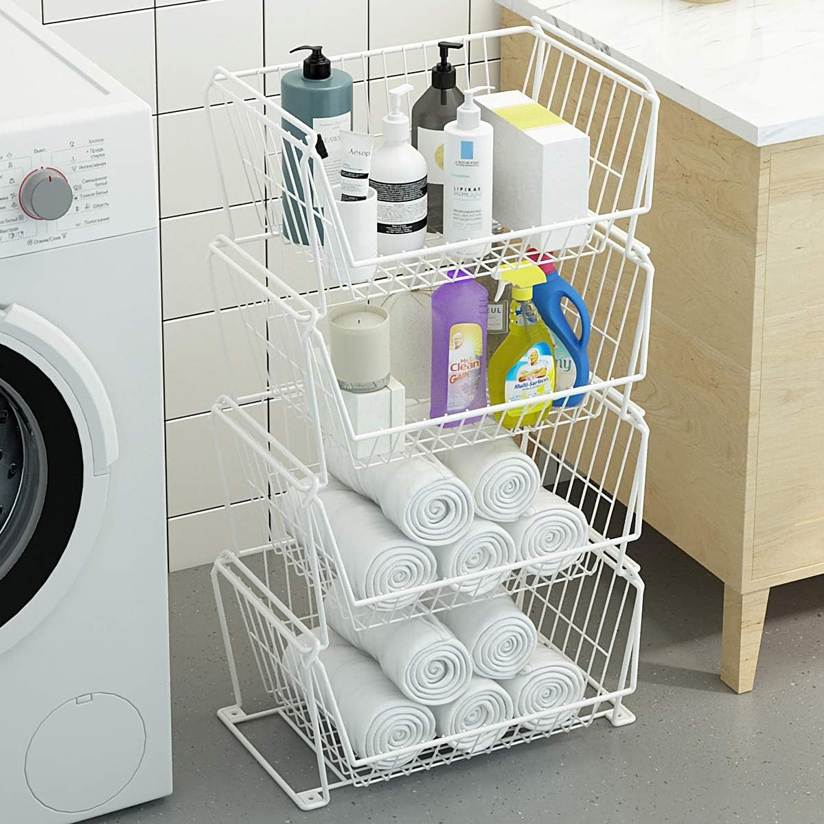 PUSDON 6-Tier Tall Stackable Wire Storage Baskets with Wheels, Vertical Metal Rolling Utility Cart, High Capacity Produce Basket for Kitchen Pantry, Snack Organizer, Matte Black