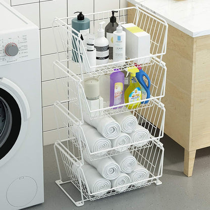 PUSDON 6-Tier Tall Stackable Wire Storage Baskets with Wheels, Vertical Metal Rolling Utility Cart, High Capacity Produce Basket for Kitchen Pantry, Snack Organizer, Matte Black