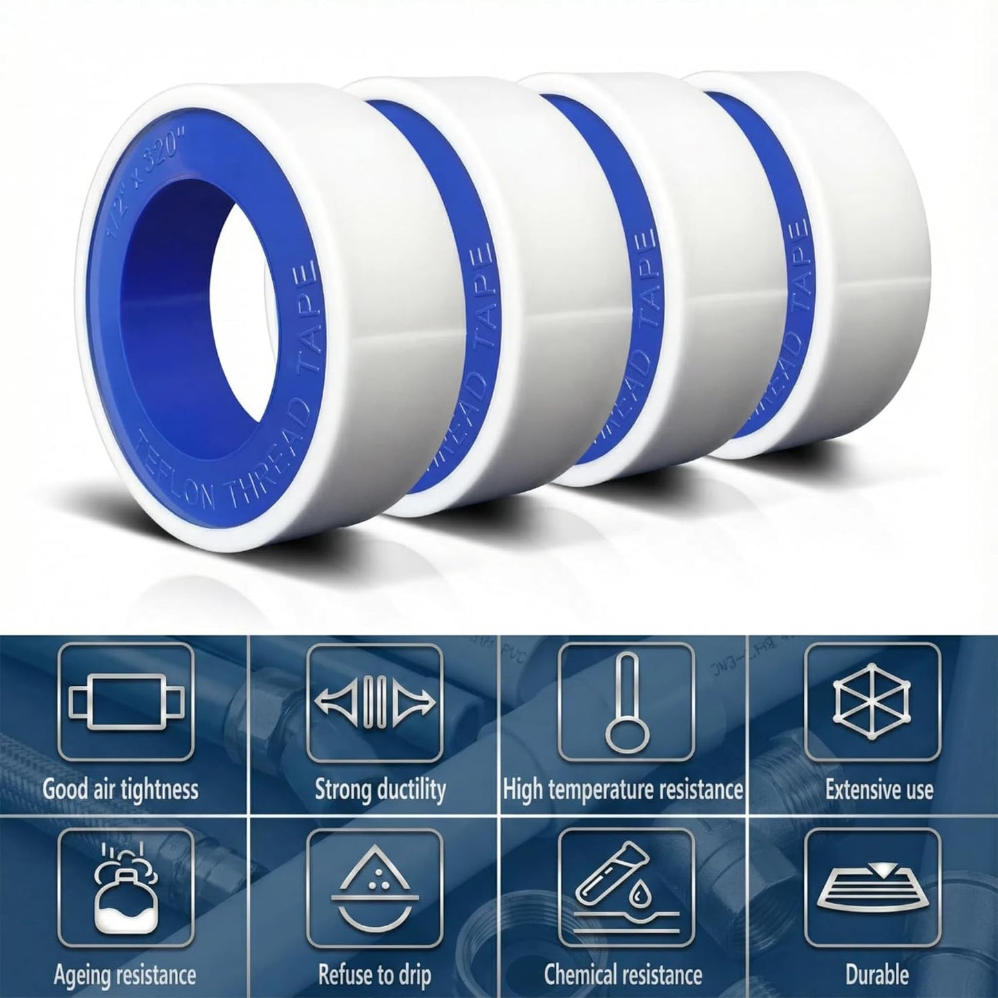 PTFE Teflon Thread Seal Tape, 4 Rolls, 1/2 Inch x 520 Inches, Plumbing Thread Sealing Tape for Shower Heads, Water Pipe Sealing, Leak-Proof Pipe Fittings
