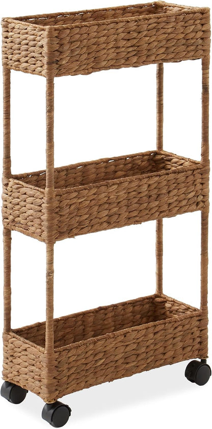 Casafield 3-Tier Rolling Storage Cart - Natural, Water Hyacinth Nursery Caddy, Utility Cart for Bathroom, Craft Room, Laundry Room Organization