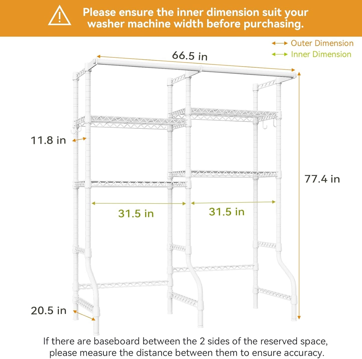 ULIFHOME U14 Over Washer and Dryer Storage Shelves, 4 Tiers Laundry Room Storage and Organizer System, Space Saving Clothes Drying Rack with 2 Clothes Hanger Rods, 66.5" W x 20.5" D x 77.4" H, Black
