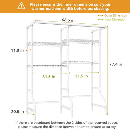 ULIFHOME U14 Over Washer and Dryer Storage Shelves, 4 Tiers Laundry Room Storage and Organizer System, Space Saving Clothes Drying Rack with 2 Clothes Hanger Rods, 66.5" W x 20.5" D x 77.4" H, Black